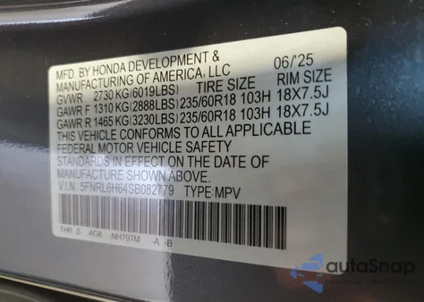 2025 Honda Odyssey Exl из США, поврежденный, VIN 5FNRL6H64SB082779